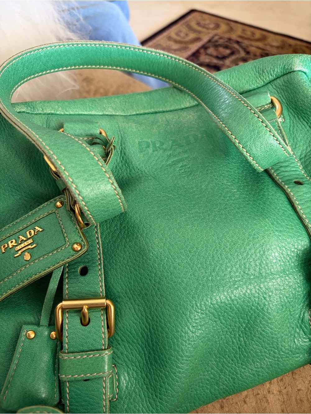 Prada Teal Green Pebbled Leather Shoulder Bag with Gold Hardware - Picture 5 of 5